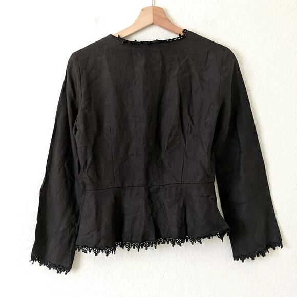Lafayette 148 NY Black Open Linen Peplum Fringed Cardigan Embroidered Lace 6 6P - Picture 2 of 6
